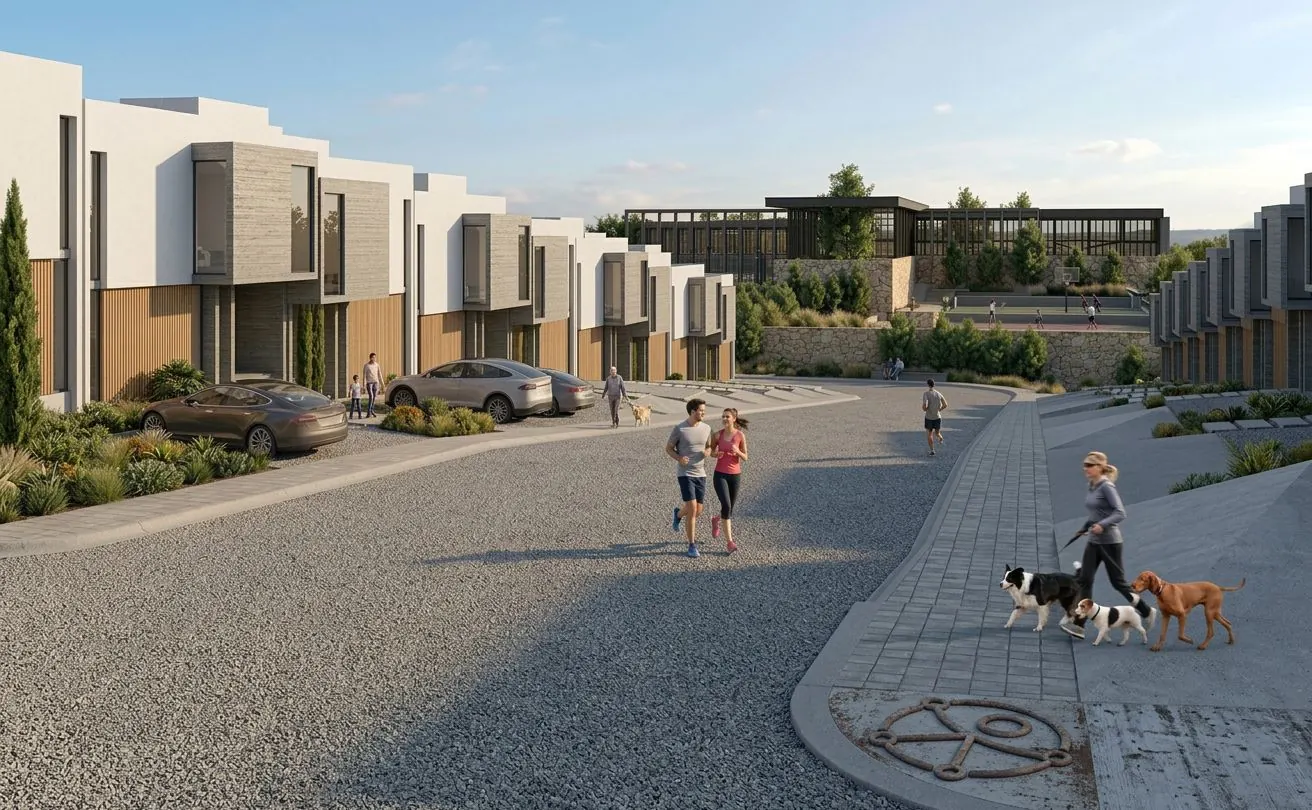 Calle de un coto con los prototipos de vivienda