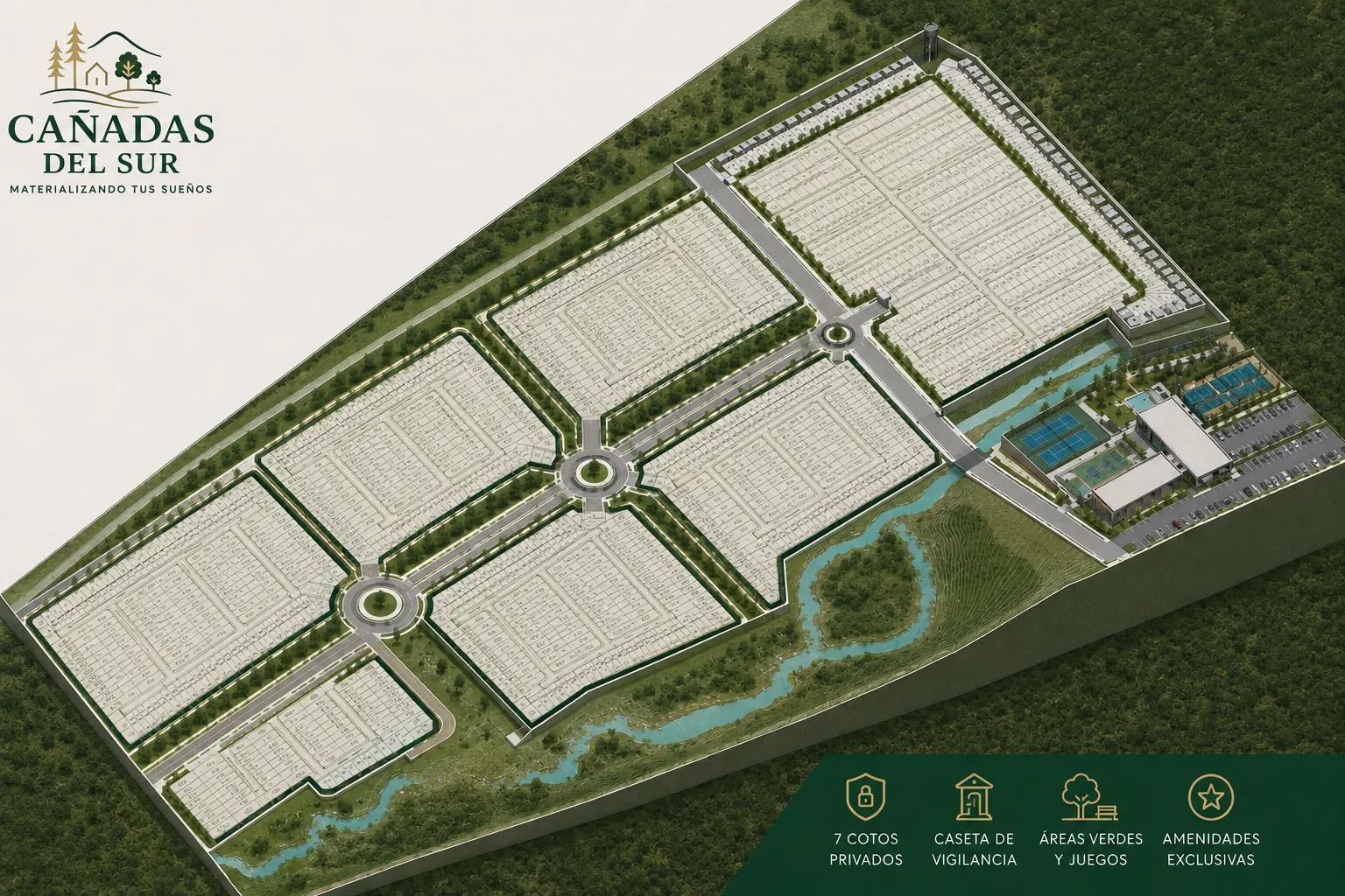 Render del plano de terrenos con los 7 cotos privados